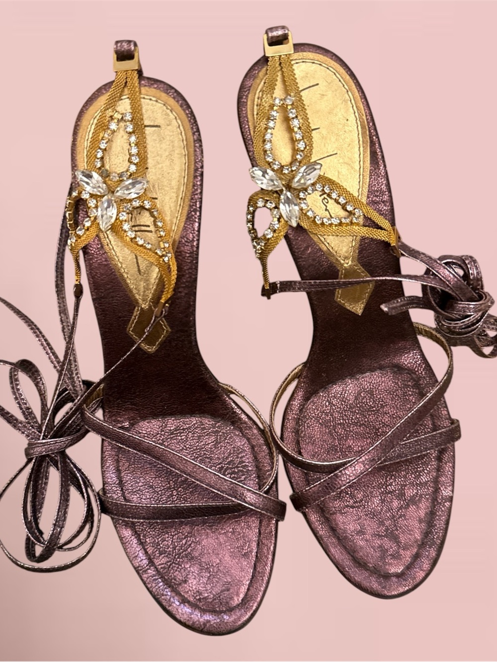 ✨Metallic•Plum Strappy High Heel Sandals with Crystal jewels💎